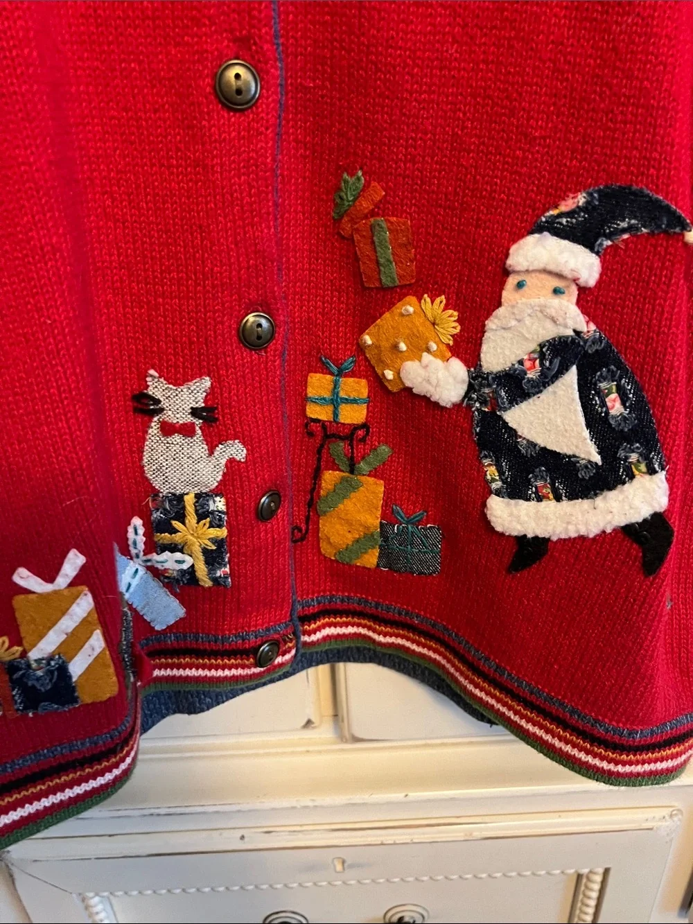 Susan Bristol Red Embroidered Santa Button-Up Cardigan